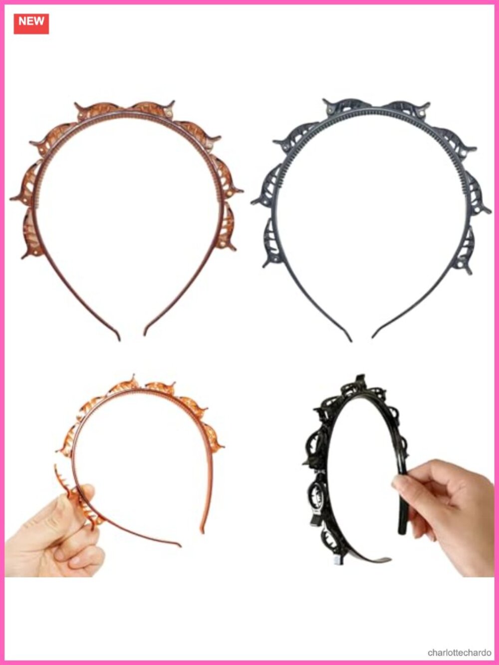 2 Pack Braided Headband with Clips Double Layer Non-Slip Hairband Hair Accessory